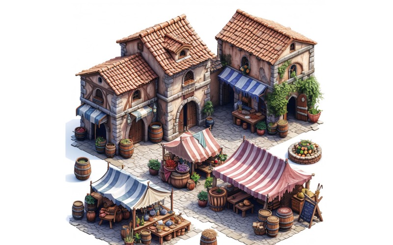 Großes Marktplatz-Set mit Videospiel-Assets, Sprite Sheet 210