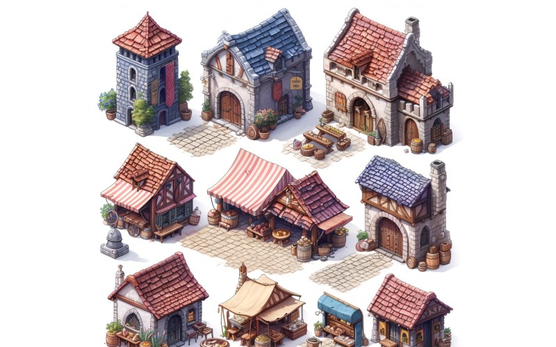 Großes Marktplatz-Set mit Videospiel-Assets, Sprite Sheet 216