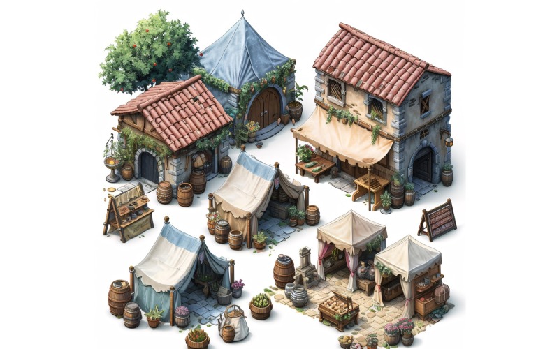 Großes Marktplatz-Set mit Videospiel-Assets, Sprite Sheet 219