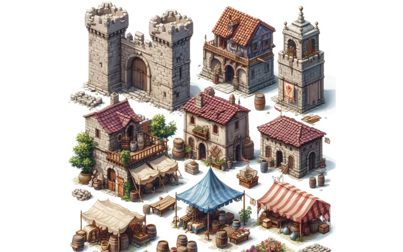 Großes Marktplatz-Set mit Videospiel-Assets, Sprite Sheet 221