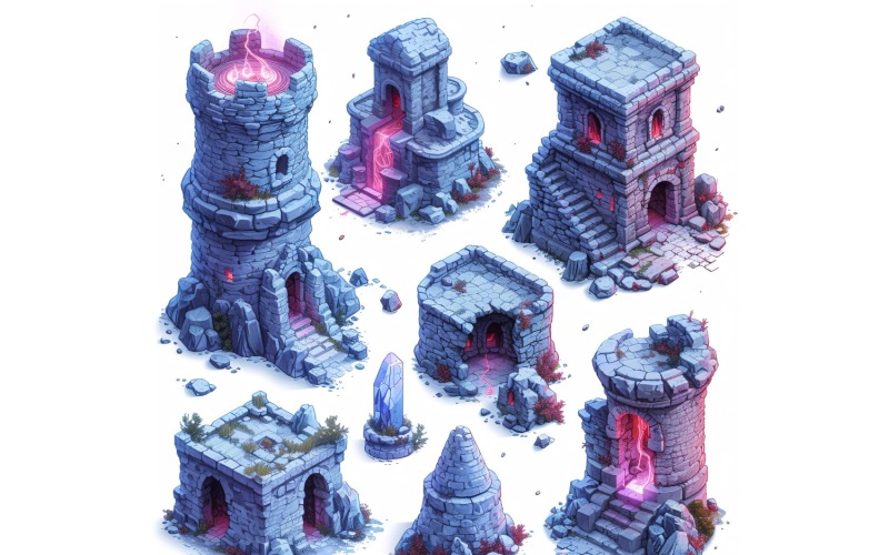 mage towers with lighting Set of Video Games Assets Sprite Sheet 199