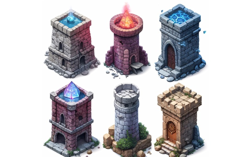mage towers with lighting Set of Video Games Assets Sprite Sheet 206