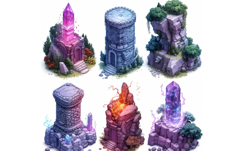 mage towers with lighting Set of Video Games Assets Sprite Sheet 207