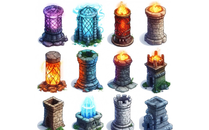 torres de magos com relâmpagos Conjunto de recursos de videogame Sprite Sheet 198