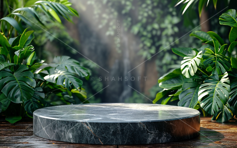 Piante con foglie circolari sul podio in marmo per la presentazione del prodotto 150