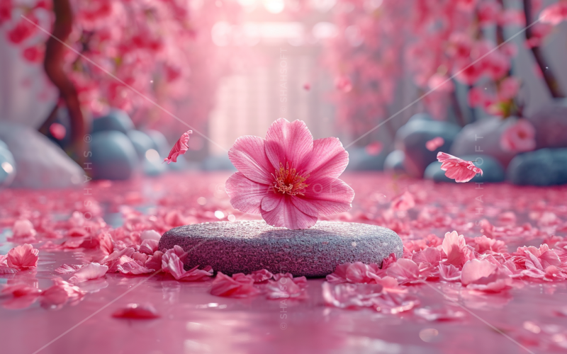 Розовые цветы Лепестки Падающие Косметический продукт Мраморный подиум 167.