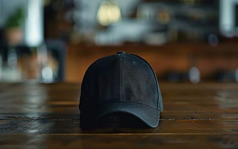Czarna czapka_blank czarna czapka_pusta czapka na stole_czarna czapka na drewnie