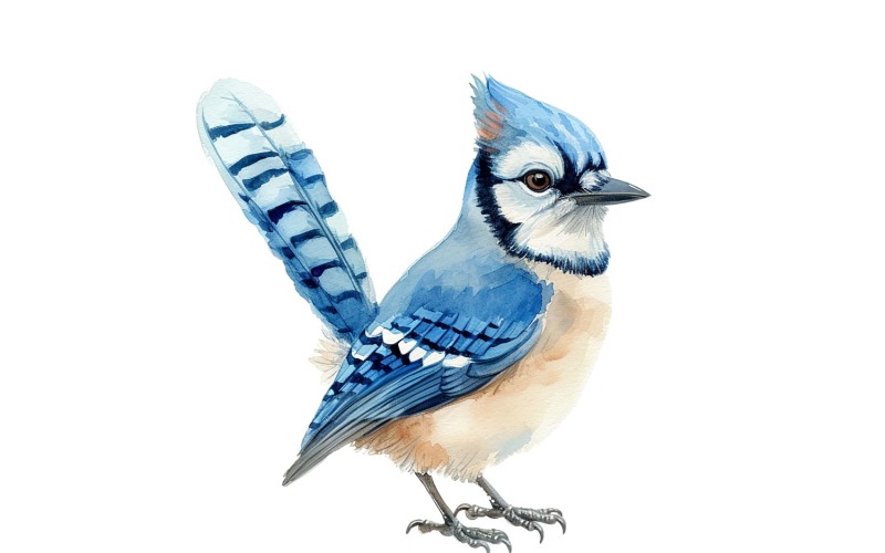 Geai bleu mignon oiseau bébé aquarelle illustration faite à la main 2