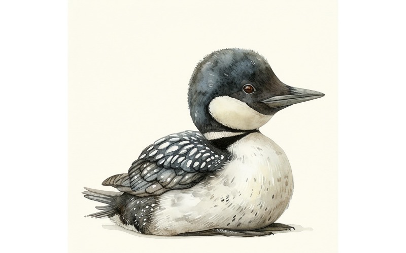 Cute Loon Bird Baby Akvarel ručně vyráběné ilustrace 1