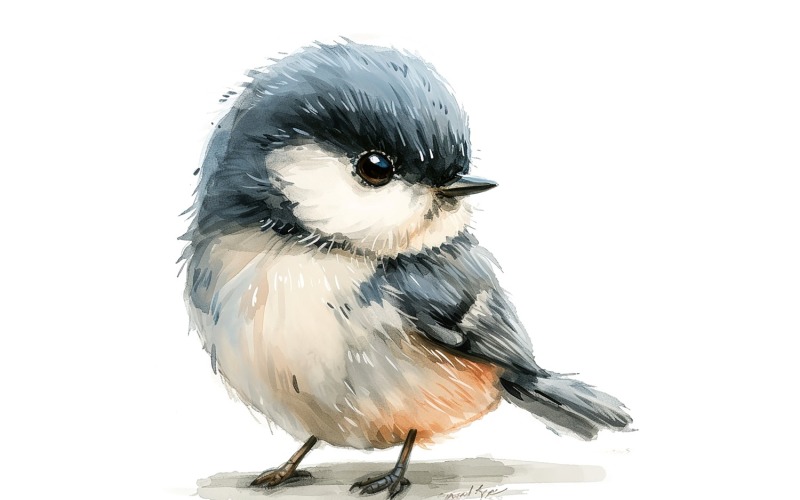 Söt Chickadee Bird Baby Watercolor Handgjord illustration 1