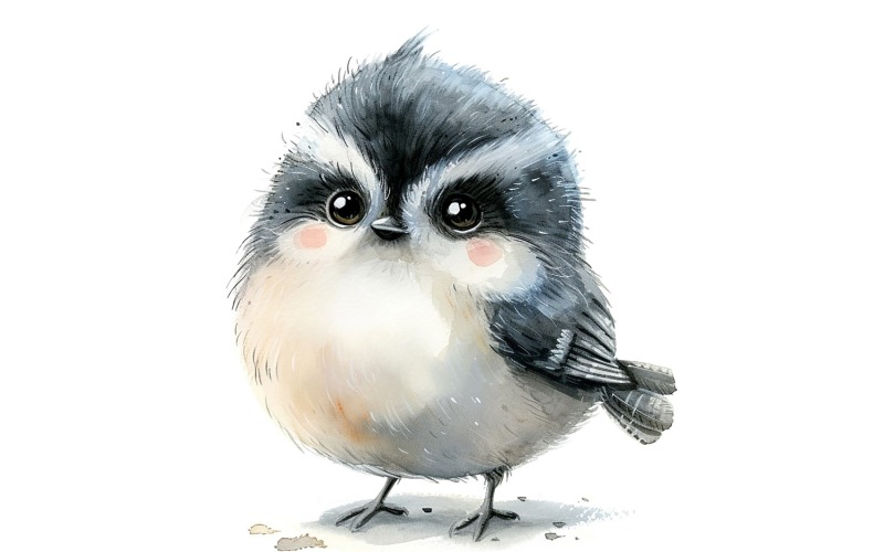 Söt Chickadee Bird Baby Watercolor Handgjord illustration 2