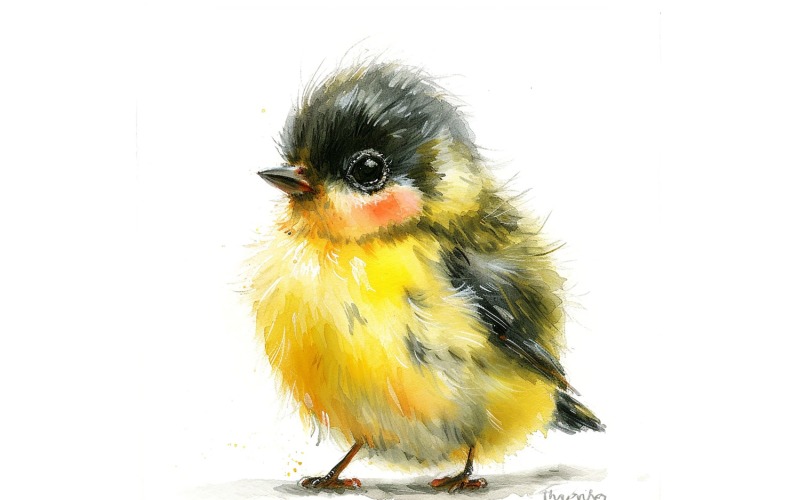 Söt Goldfinch Bird Baby Vattenfärg Handgjord illustration 2