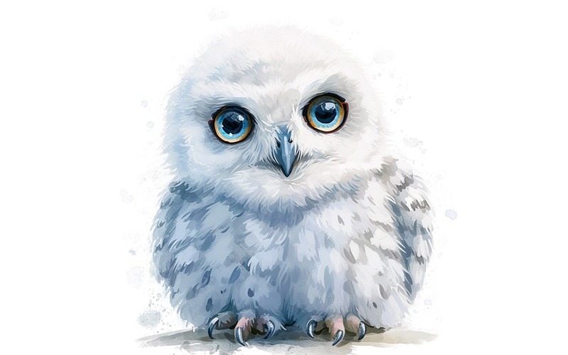 Söt Snowy Owl Bird Baby Watercolor Handgjord illustration 1