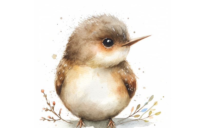 Aranyos Wren Bird Baby akvarell kézzel készített illusztráció 2