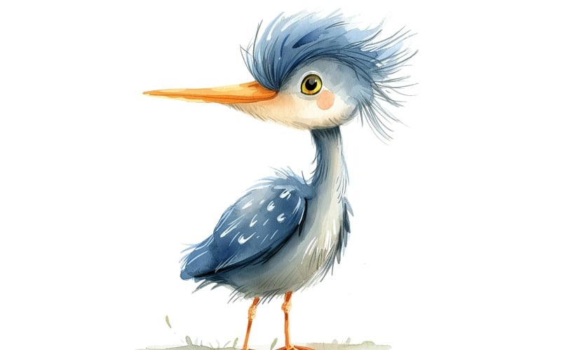 Mignon héron bleu oiseau bébé aquarelle illustration faite à la main 4