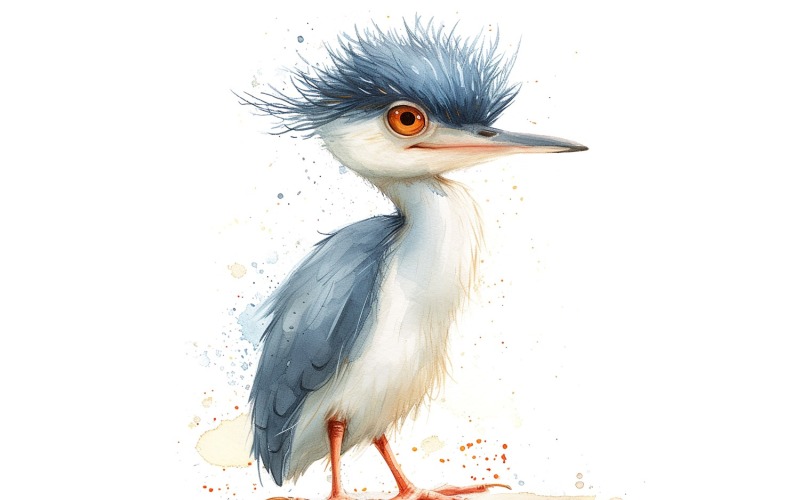 Söt Crowned Night Heron Bird Baby Akvarell Handgjord illustration 1