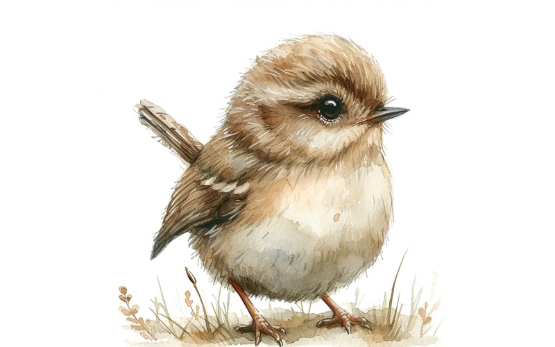 Söt Wren Bird Baby Akvarell Handgjord illustration 3