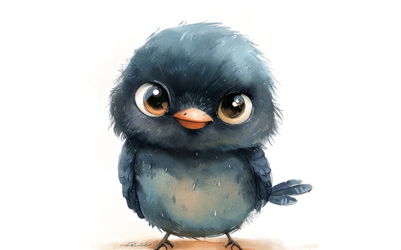 Aranyos Grackle Bird Baby akvarell kézzel készített illusztráció 2