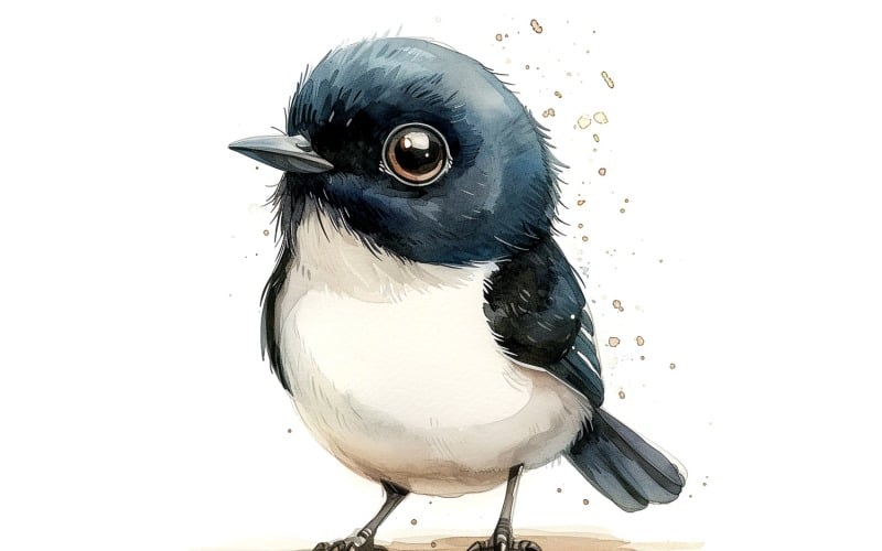 Illustrazione fatta a mano dell'acquerello del bambino dell'uccello della gazza dal becco nero sveglio 4