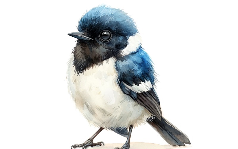 Lindo pájaro urraca de pico negro bebé acuarela ilustración hecha a mano 3