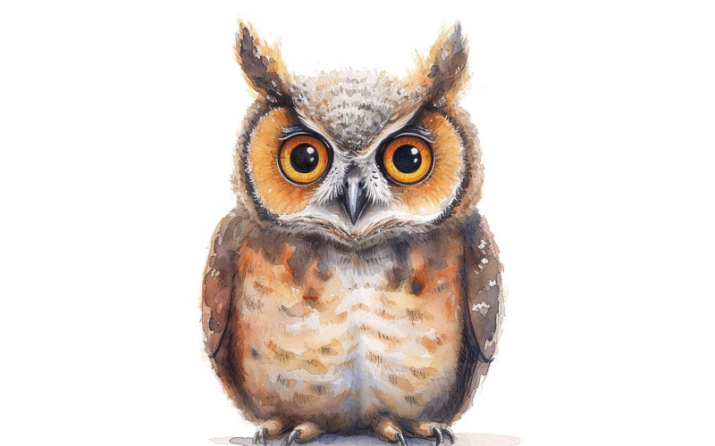 Roztomilý pták sova rohatá akvarel ručně vyrobený obrázek 3.