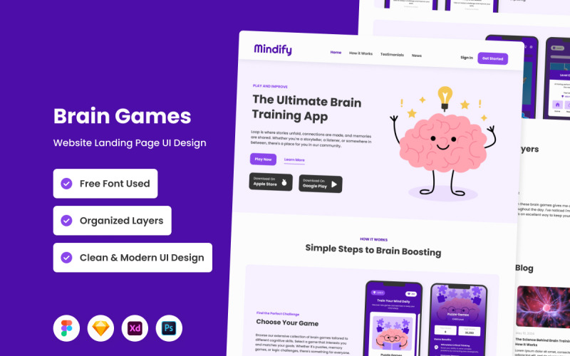 Mindify - Целевая страница игр для мозга, версия 2
