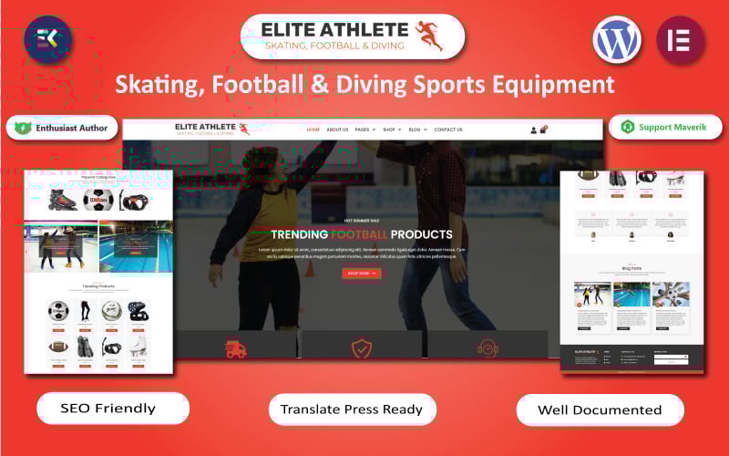 Elite Athlete - Skating, Football & Diving Sports Equipment WooCommerce шаблон Elementor