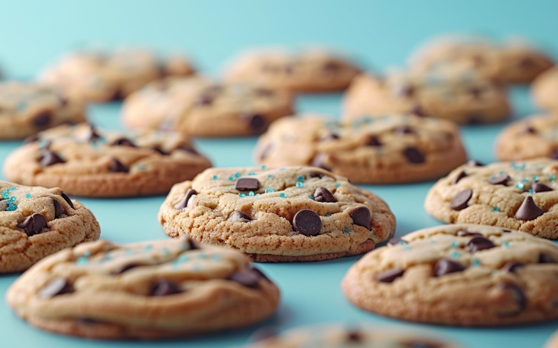 Collage di biscotti con gocce di cioccolato su sfondo verde acqua 71