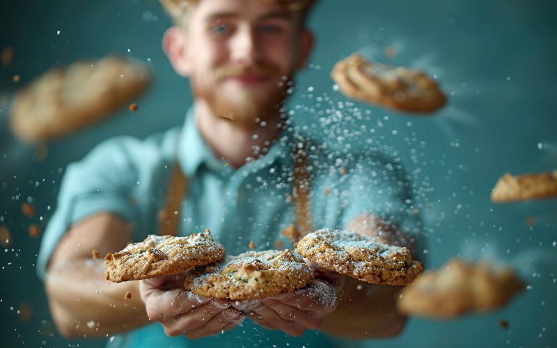 Ein Mann hinter schwimmenden Chocolate Chip Cookies 109
