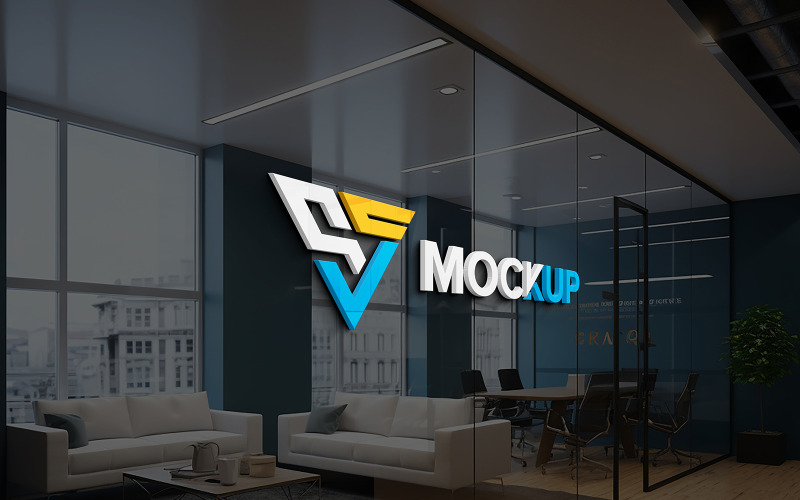 Mockup del logo della parete dell'ufficio con partizione in vetro realistico 3d. Mockup della parete in vetro della sala business