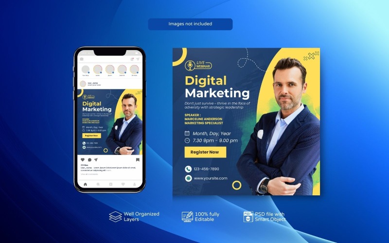 PSD diseño de plantilla de publicación de redes sociales corporativas y seminarios web en vivo amarillo claro