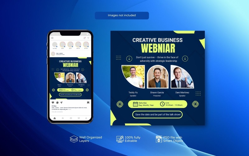 Seminario web en vivo PSD y diseño de plantilla de publicación corporativa en redes sociales Azul amarillo