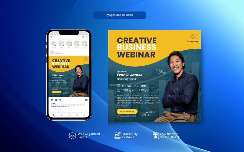 Seminario web en vivo PSD y diseño de plantilla de publicación de redes sociales corporativas amarillo verde