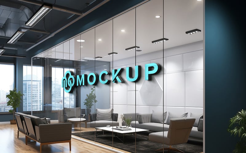 Logotypmodell på kontorsglaspartition 3d-logotypmodell på glasvägg inomhus