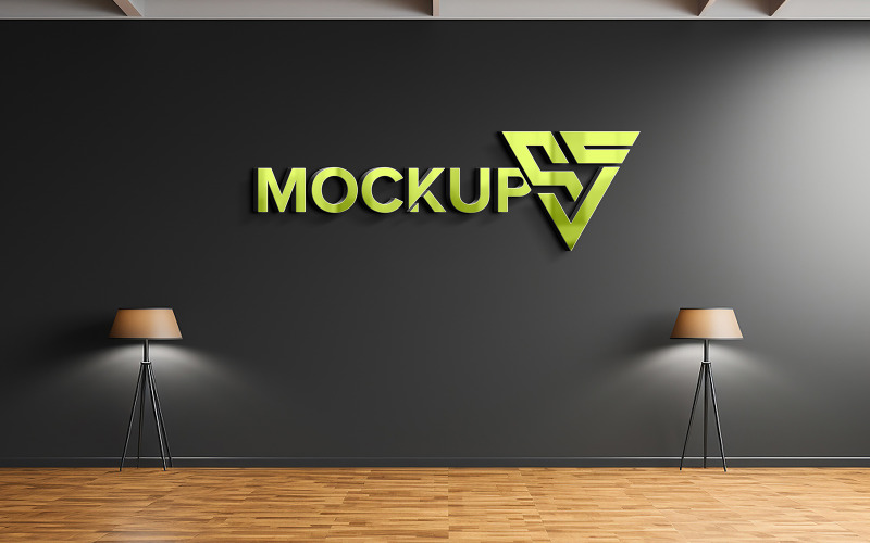 Makieta logo 3D na czarnej ścianie w pomieszczeniu z lampą