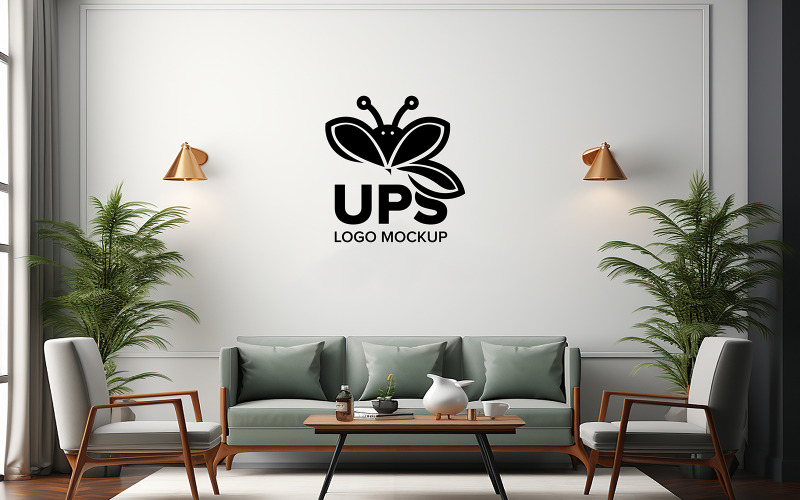 Minimalistisk kontorslobby väntrumsvägglogotypmodeller 3d-logotypmodell på en vit vägg i ett rum
