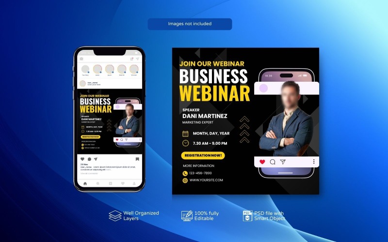 Plantillas PSD para seminarios web en vivo y publicaciones corporativas en redes sociales Negro y amarillo
