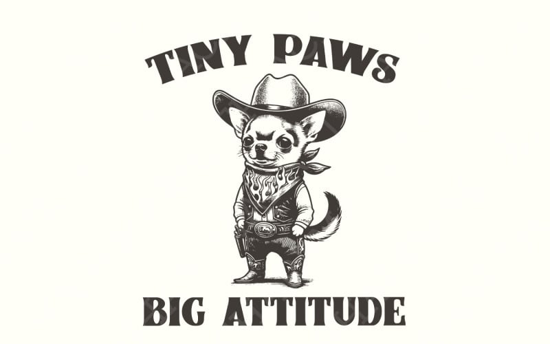 Tiny Paws Big Attitude PNG, Cute Chihuahua Cowboy Clipart, Vintage Dog Illustration, Funny Dog Art