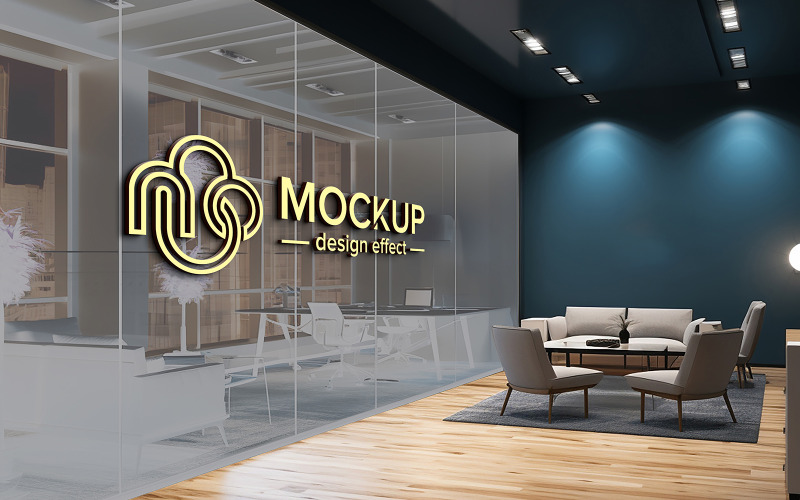 Maquete de logotipo de parede de vidro 3D na sala de negócios do gerente de escritório com design de interiores minimalista