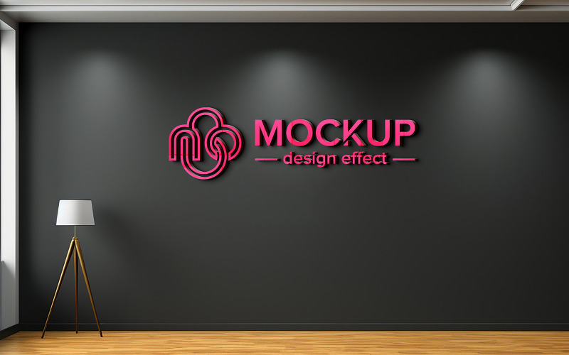Mockup logo 3d sulla stanza dell'ufficio mockup logo rosa parete nera realistico 3d con pavimento in legno
