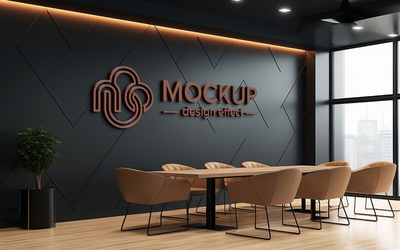 Siyah ofis duvarında çikolata rengi 3d logo maketi psd