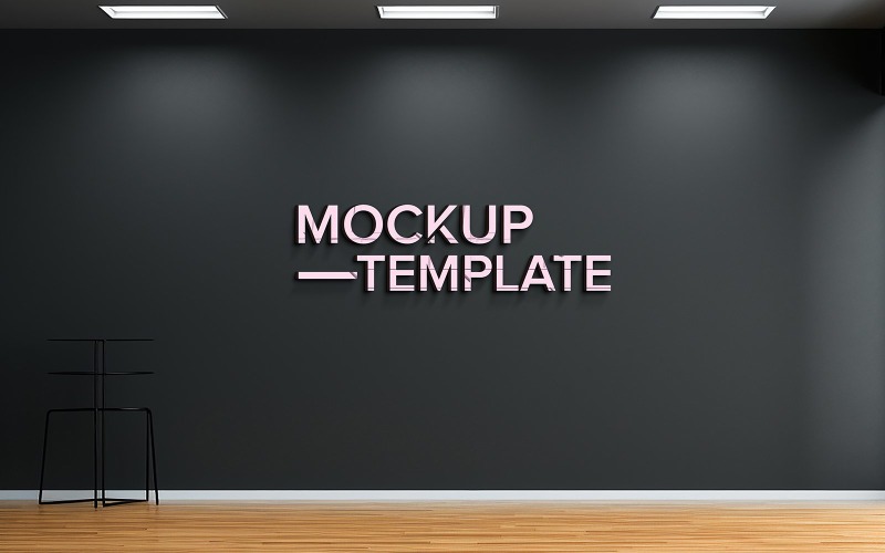 Mockup logo 3d psd sul muro nero con pavimento in legno interno