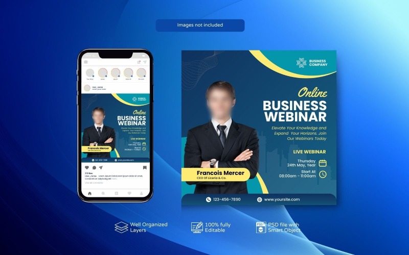 Eleganti modelli PSD per webinar aziendali e post sui social media Regal Blue
