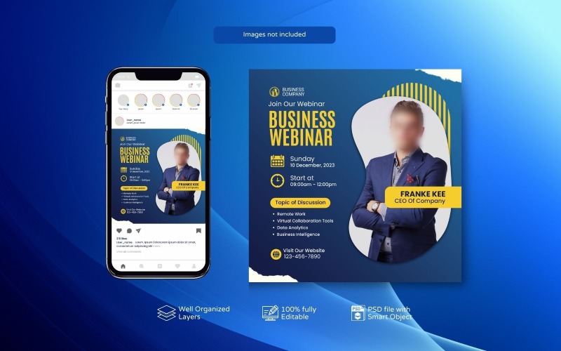 Elementi essenziali di progettazione PSD per social media aziendali e webinar dal vivo giallo