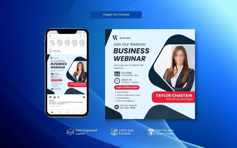 Innovatív PSD-sablonok élő webszemináriumokhoz és vállalati közösségi médiához, fehér kék