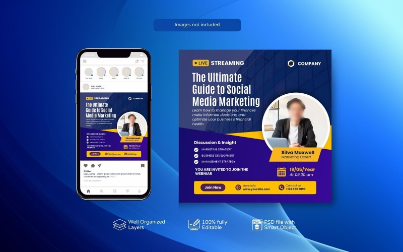Plantillas PSD personalizables para seminarios web corporativos y publicaciones en redes sociales Azul real oscuro
