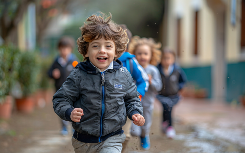 Niños corriendo en el patio de la escuela 198