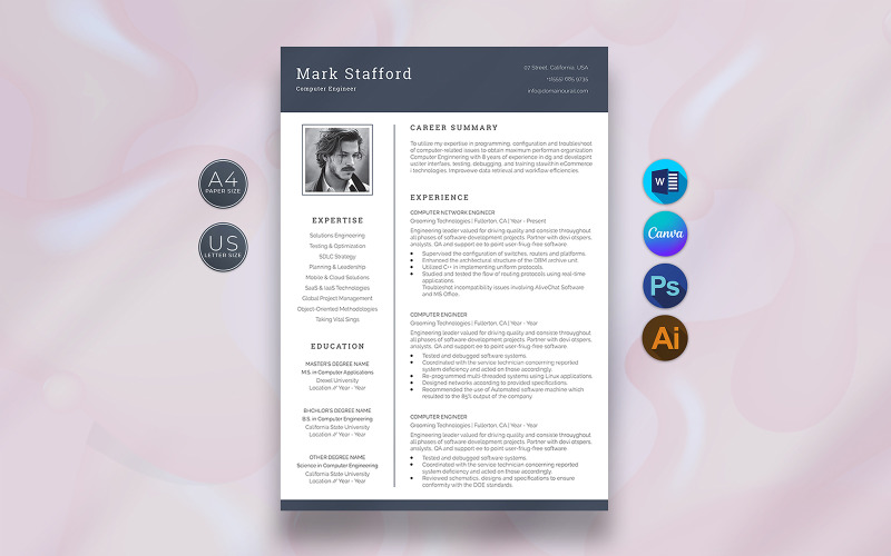 Diseño de plantilla de currículum vitae de ingeniero informático en Canva y Word