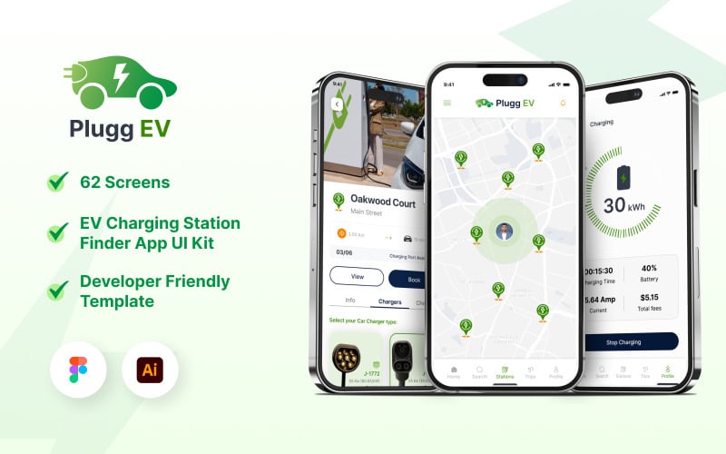 PluggEV - Modèle Figma d'application de recherche de station de recharge EV