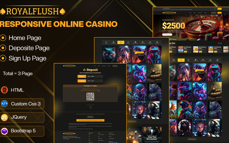 RoyalFlush – Responsive Online Casino, Gambling & Betting Webbplats HTML-mall